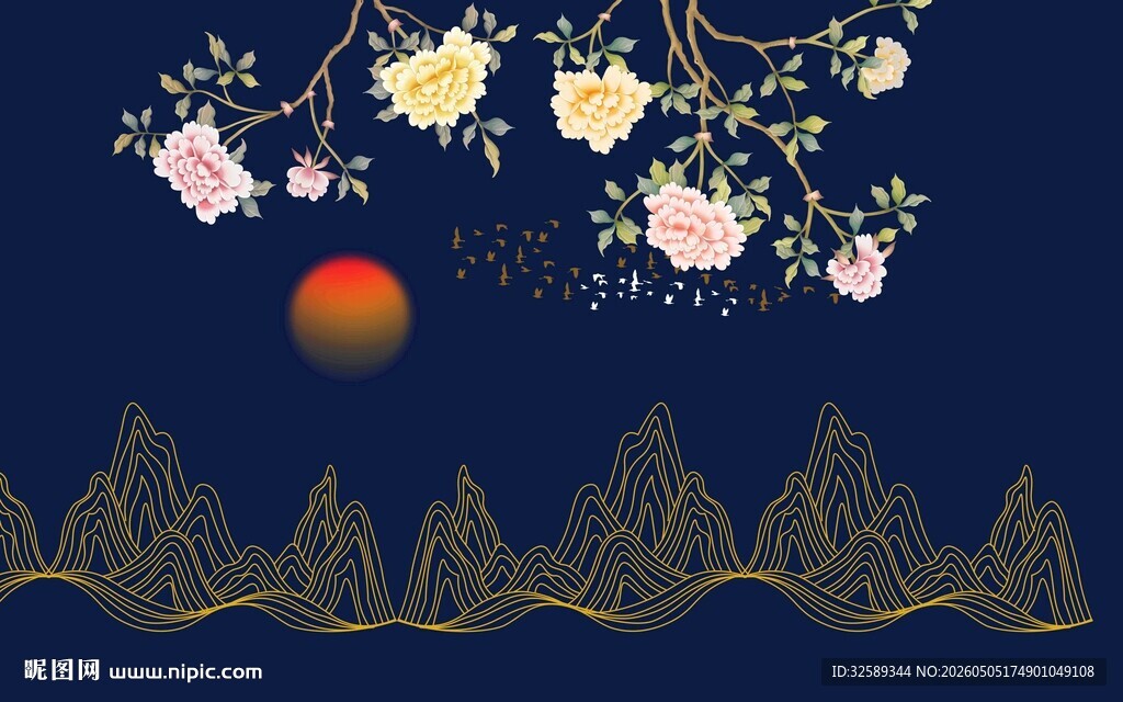 月夜山景繁花伴红日