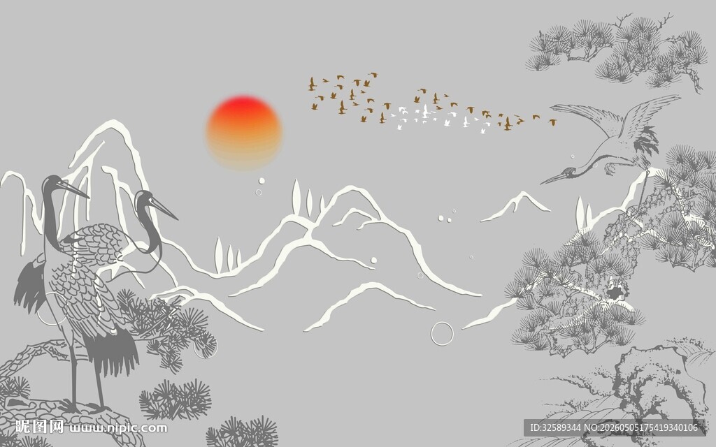 水墨山水旭日飞鸟图景