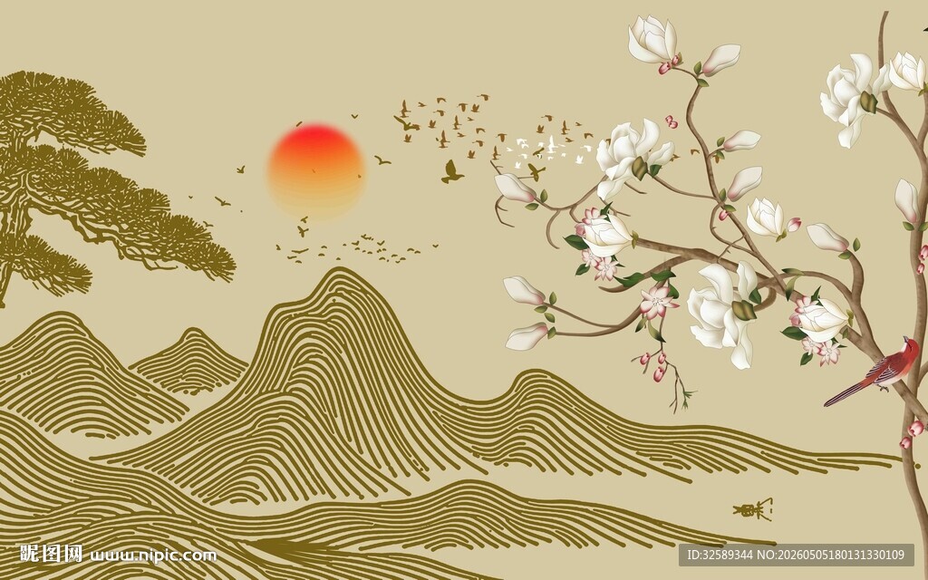 中式山水花鸟日出图景
