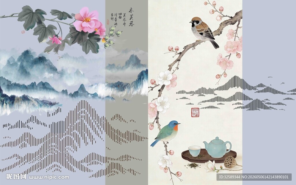 中式花鸟山水古风插画