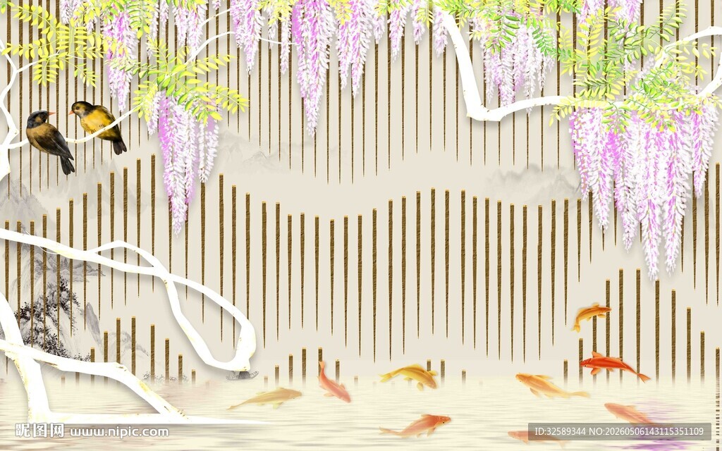 梦幻紫藤下的锦鲤嬉戏