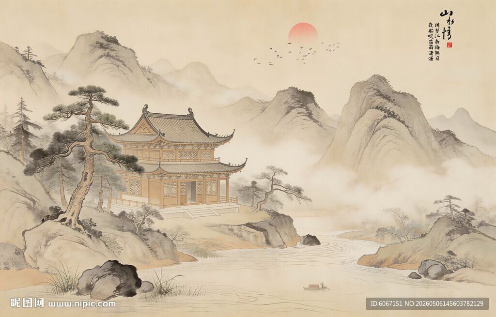 新中式屏风古风水墨山水画背景墙