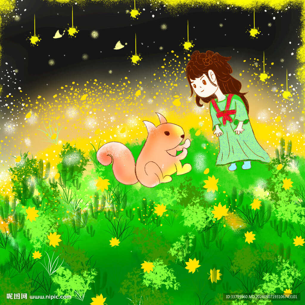 女孩与松鼠的梦幻夜景