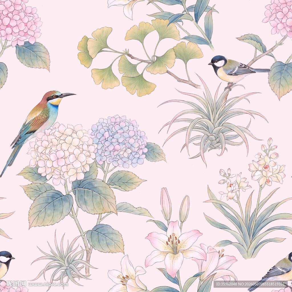 花鸟中式风壁纸图案设计