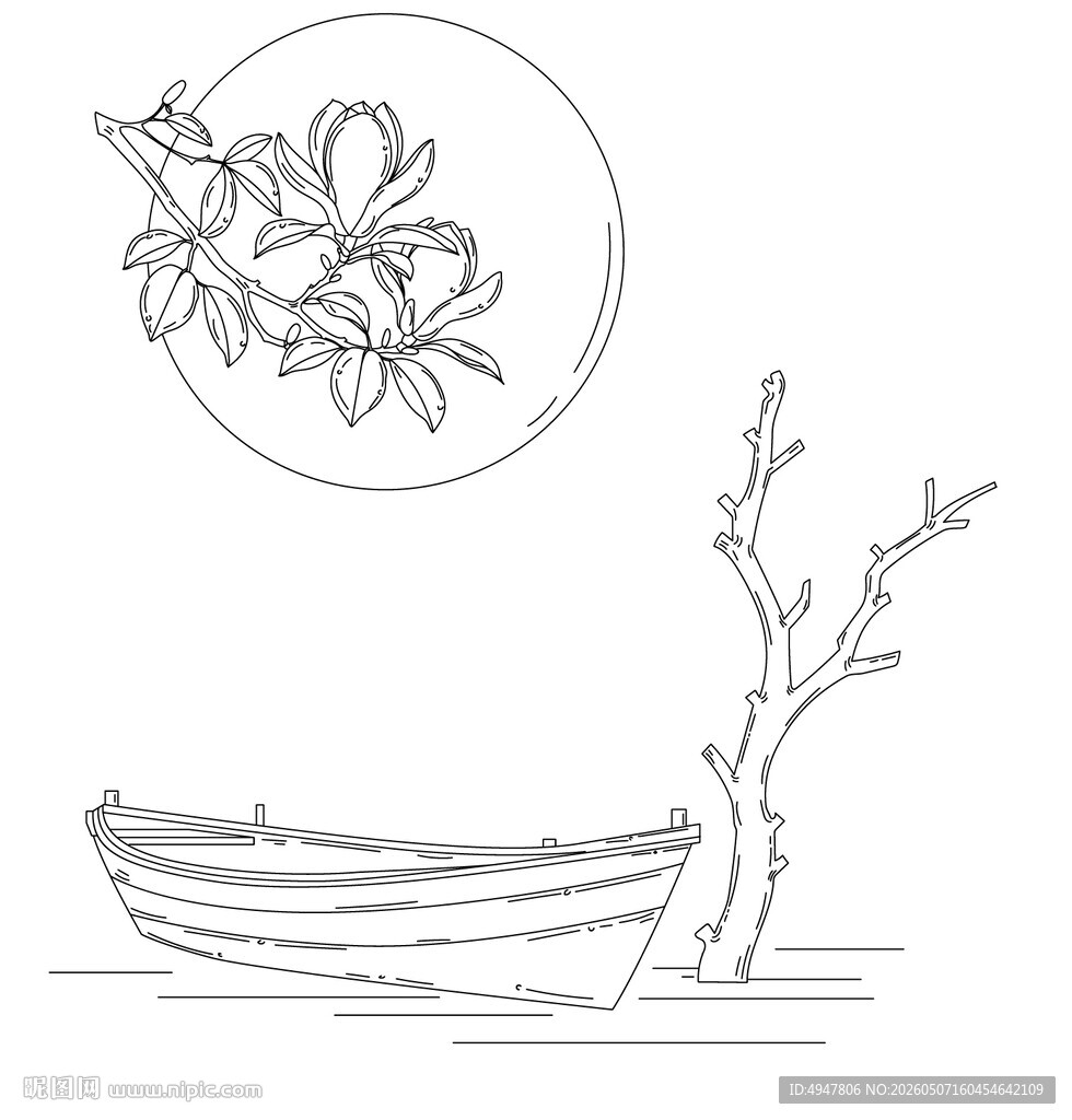 舟畔花枝图 矢量图