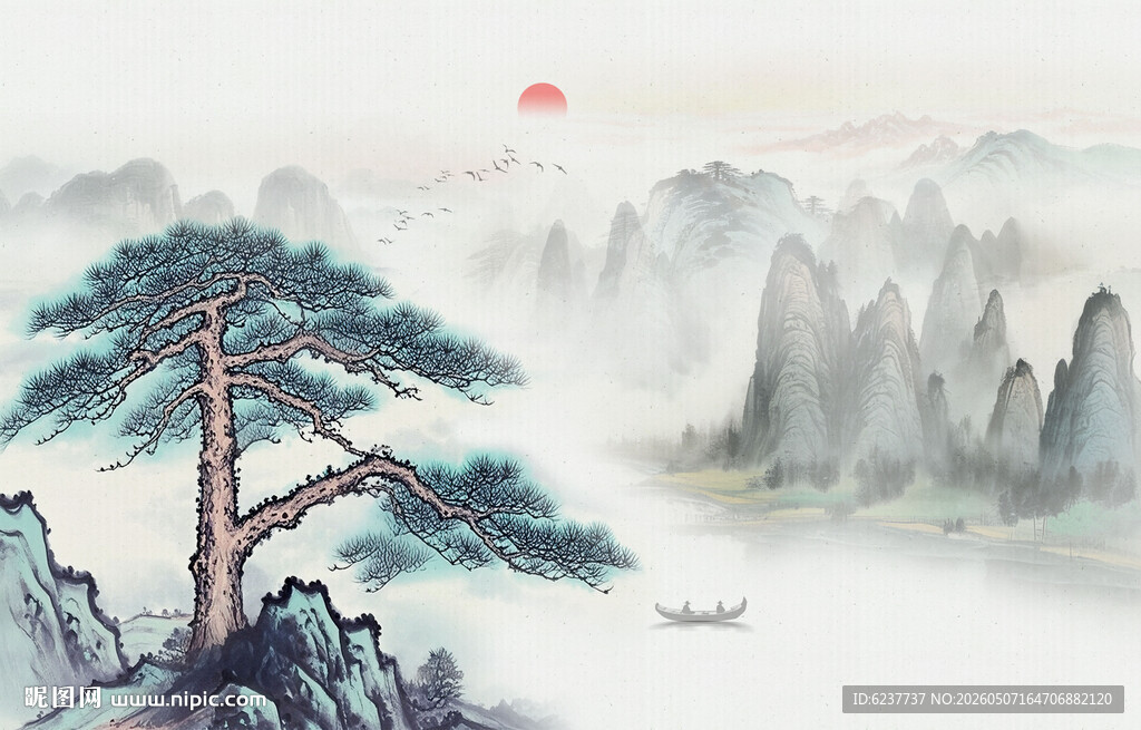 新中式国画迎客松背景墙