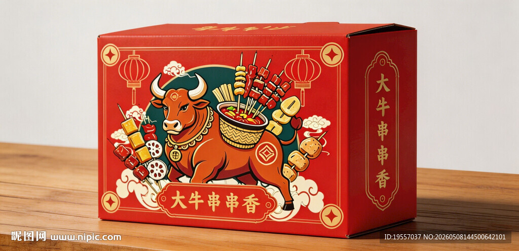 中式喜庆红色串串插画礼品盒