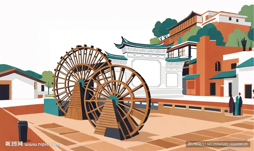 古村中的大水车景观