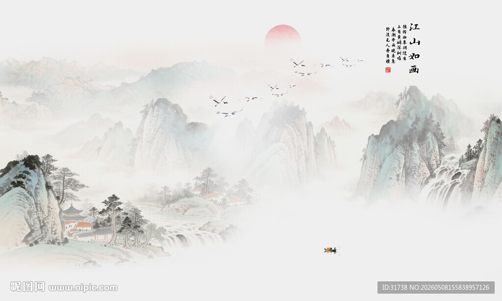 国画山水画背景墙