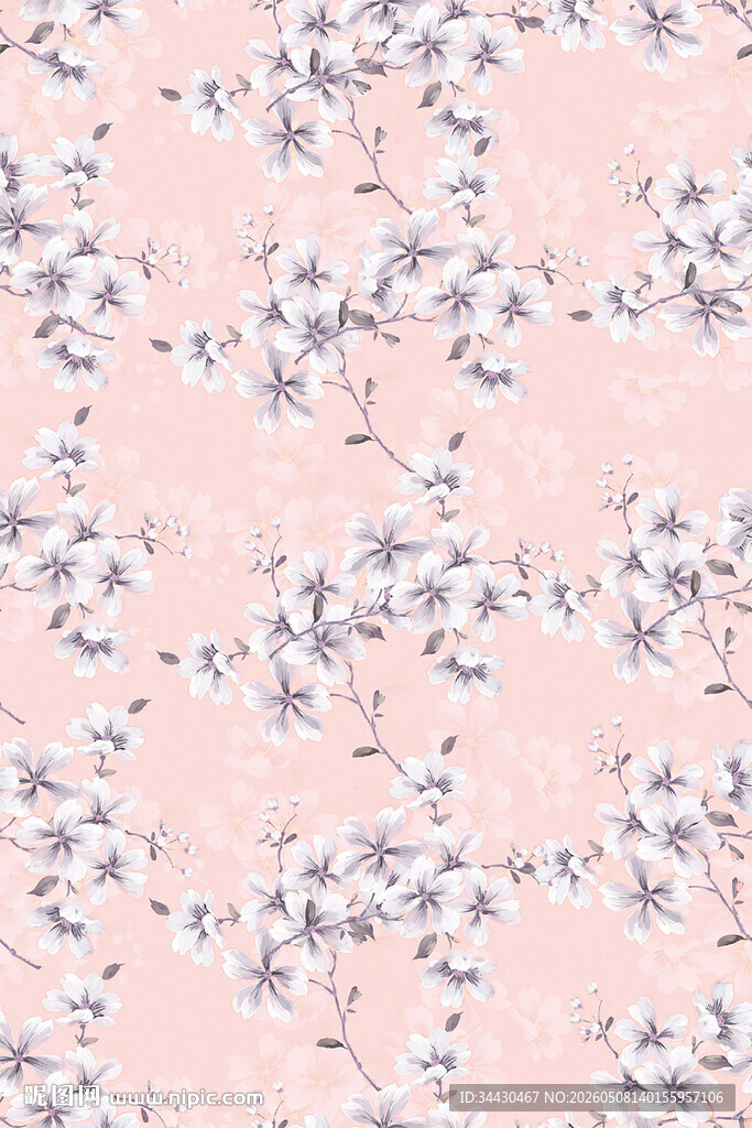 粉色底蓝花清新花卉图案