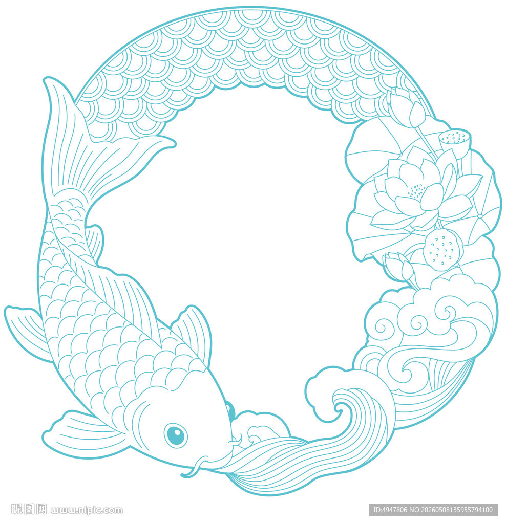蓝白锦鲤花卉环形图案 矢量图