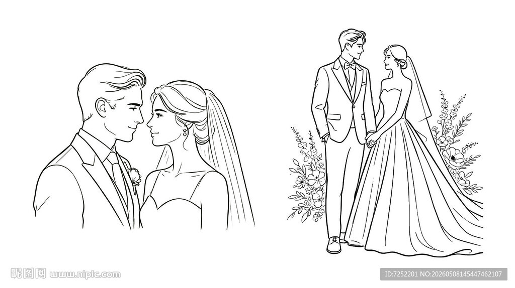 浪漫婚礼婚纱情侣线稿