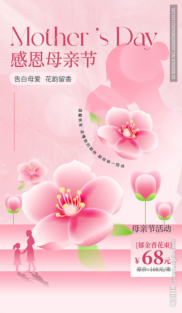 母亲节粉色花卉贺卡设计