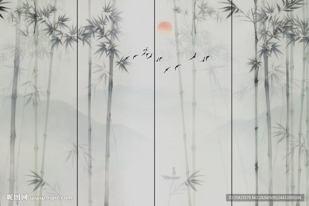 隔断屏风水墨竹子山水画背景墙