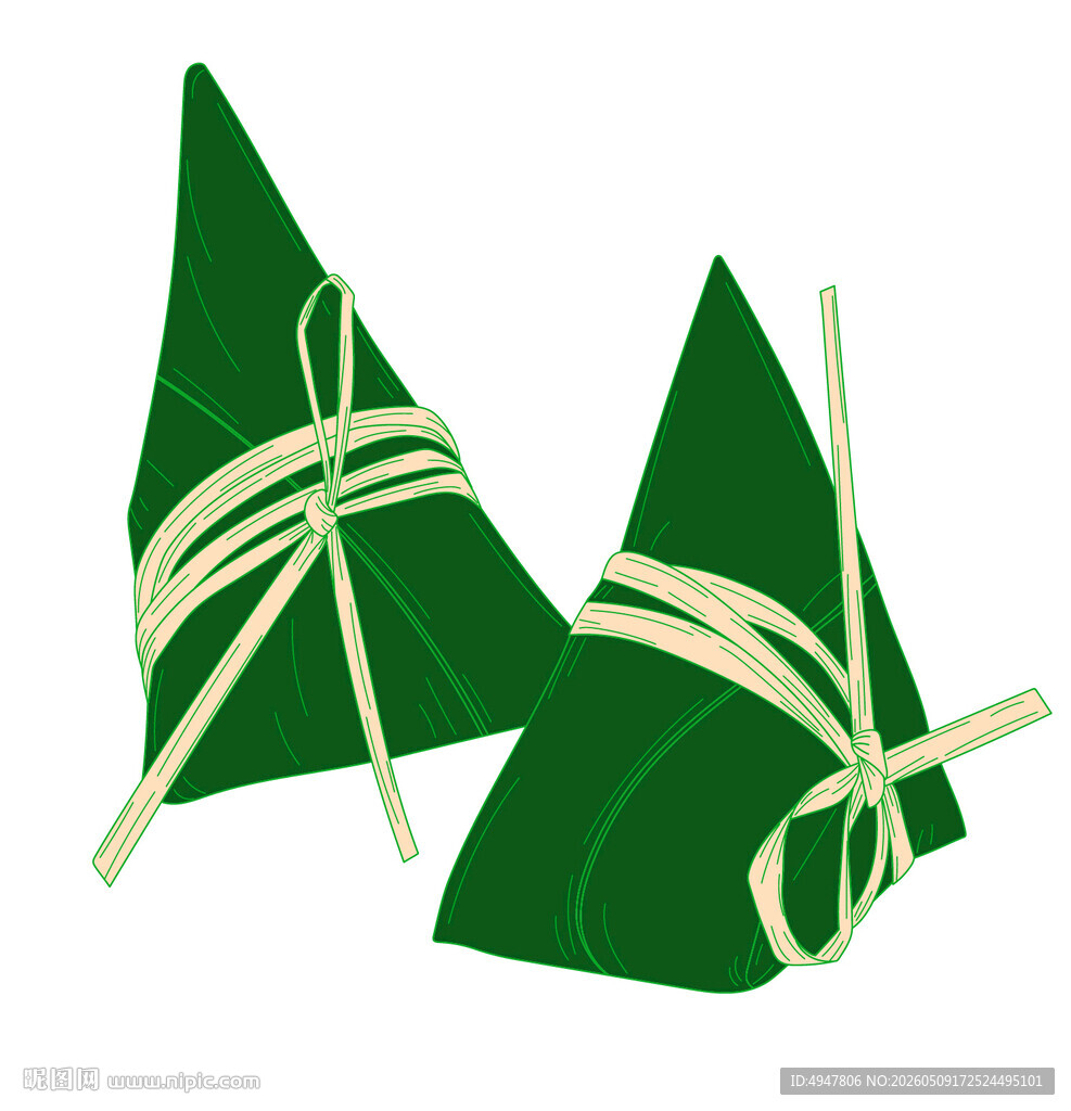 三个翠绿粽叶包裹的粽子 矢量图