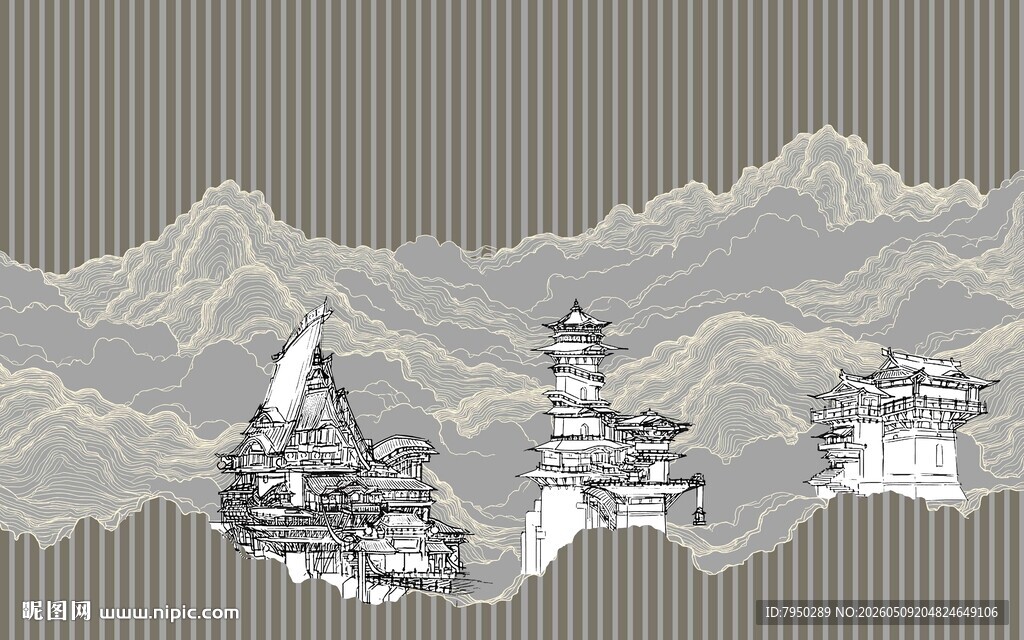 中式山水古建筑风景图