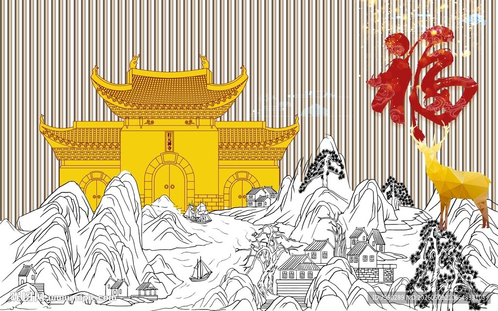 中式古建筑风景插画