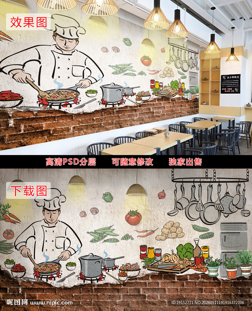 复古卡通美食背景墙图片