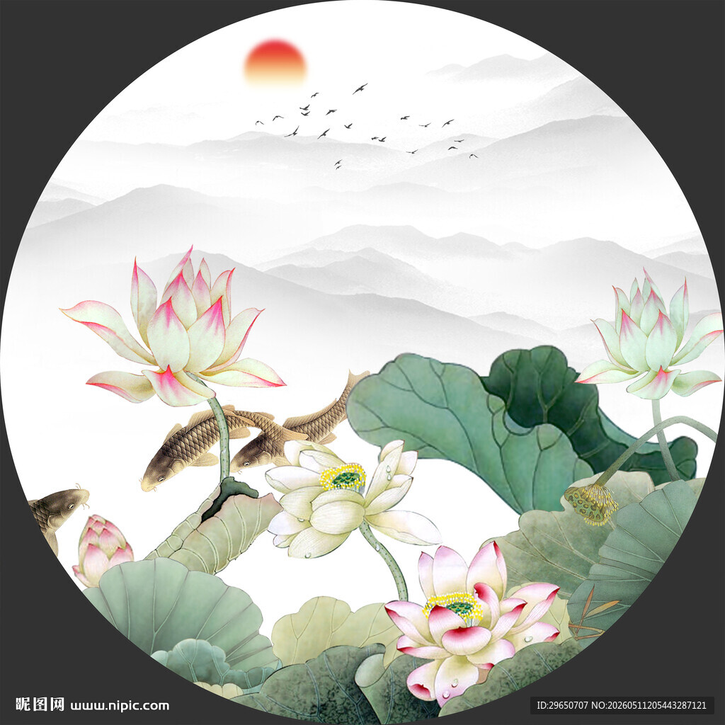 圆形荷花山水