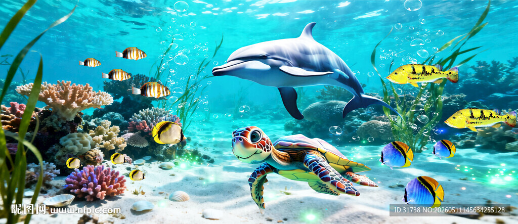 海底世界的海豚与缤纷鱼类