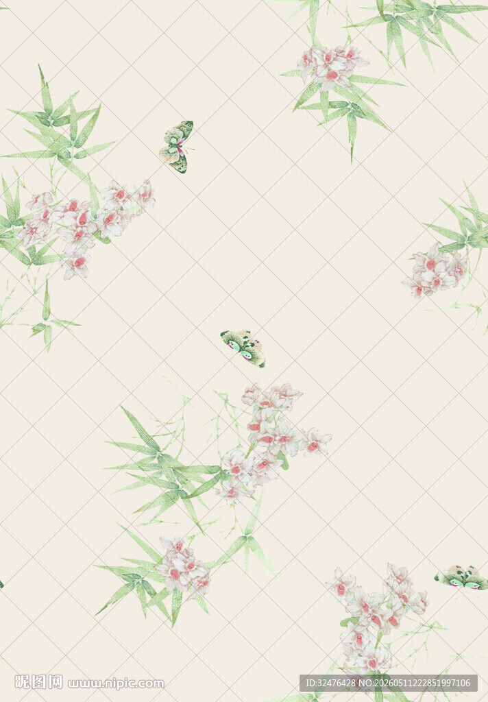 中式手绘花卉竹叶图案
