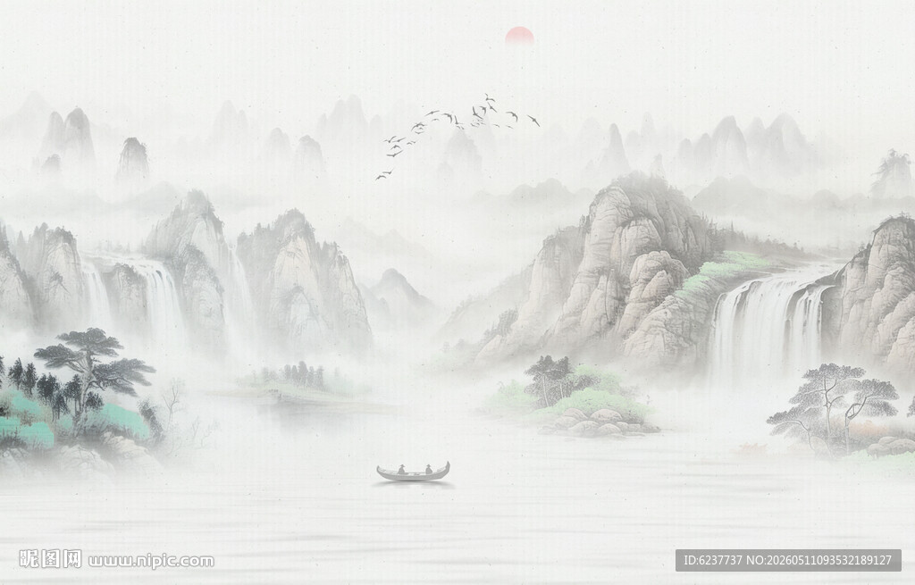 新中式沙发客厅山水背景墙