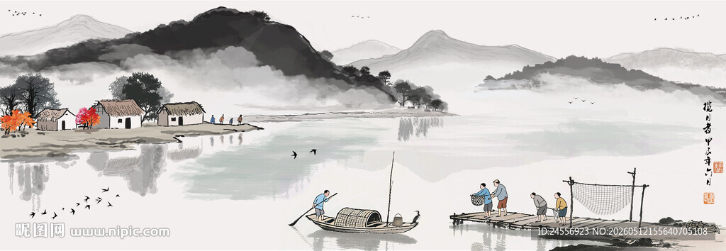 江南水乡水墨山水画