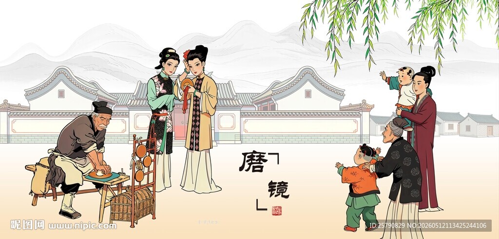 古代生活场景图磨铜镜