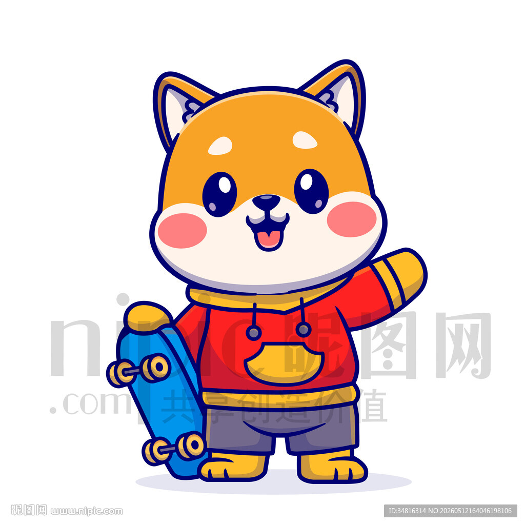 可爱柴犬持滑板打招呼