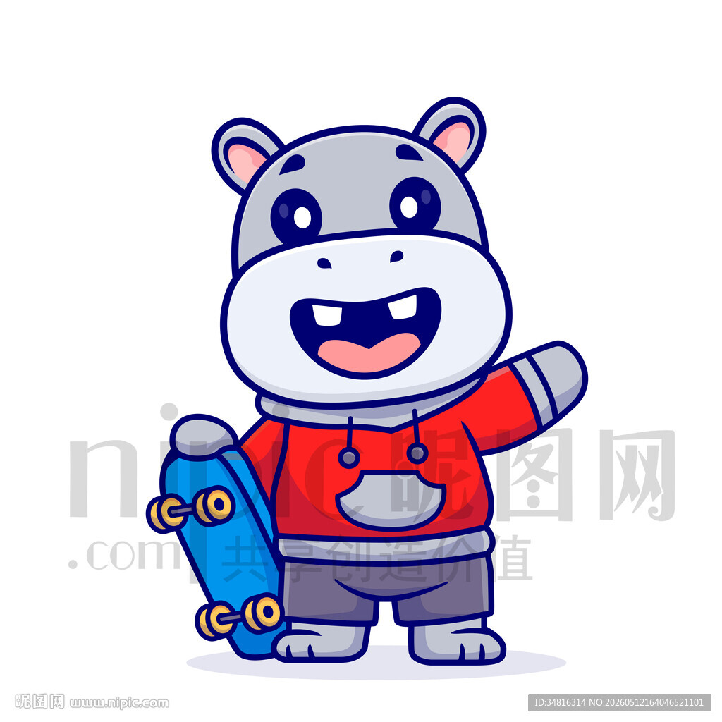 卡通河马玩滑板超萌