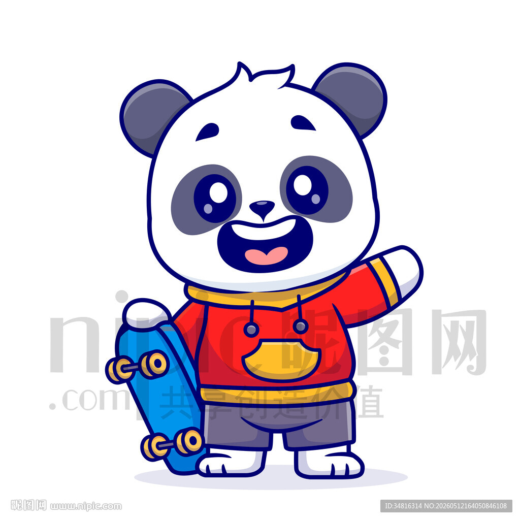 穿红衣玩滑板的可爱熊猫