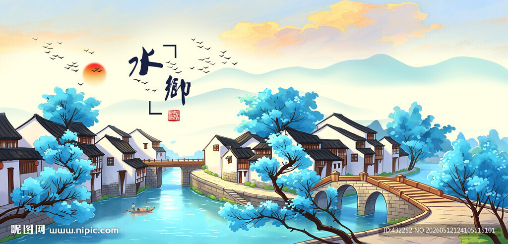 水墨山水间的古韵桥景