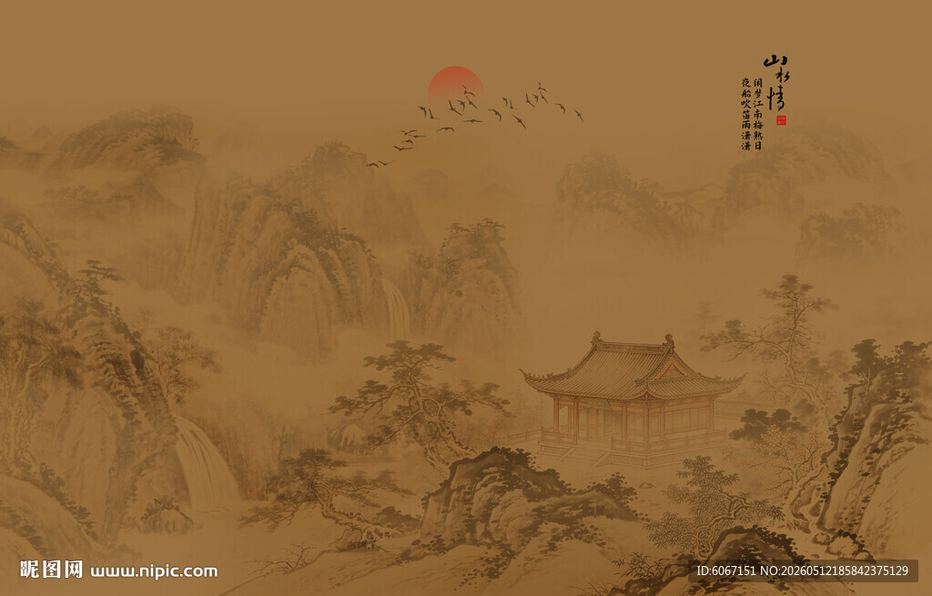 中式古风古典山水画背景墙