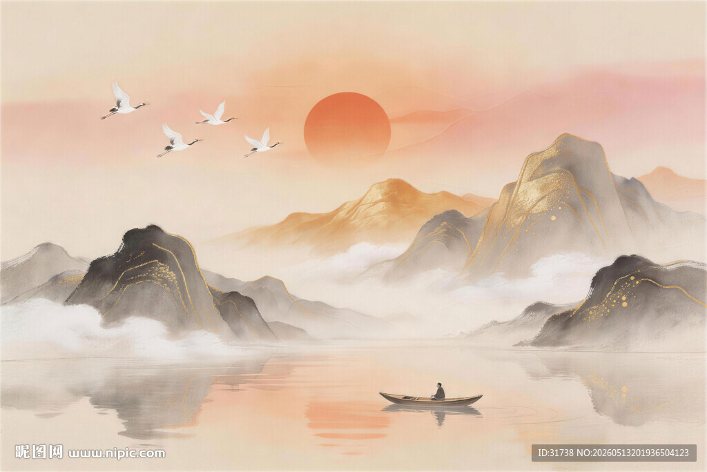 旭日东升山水画背景墙