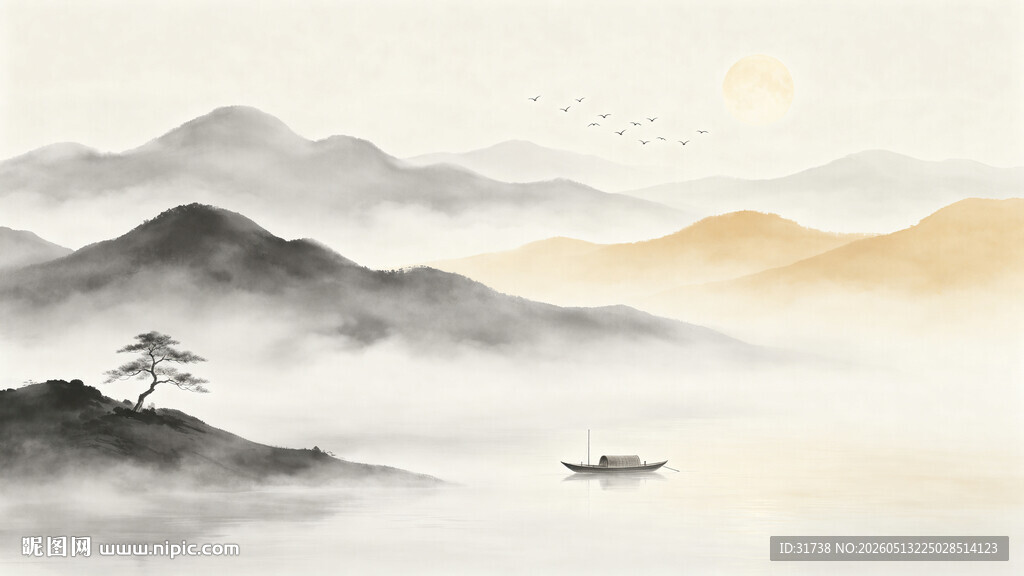 中式意境水墨山水画