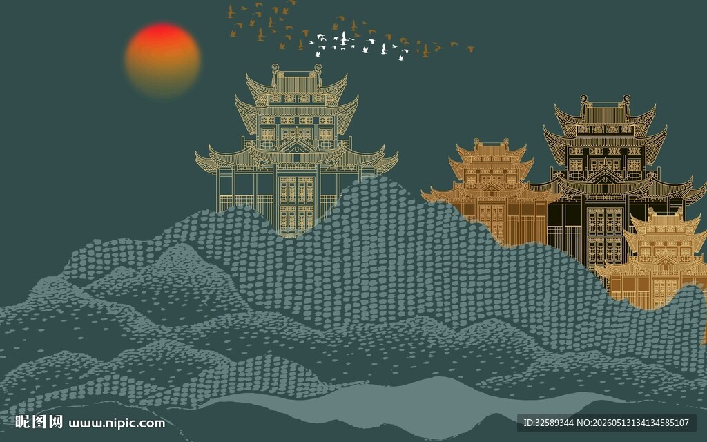 古风山水间的壮丽楼阁