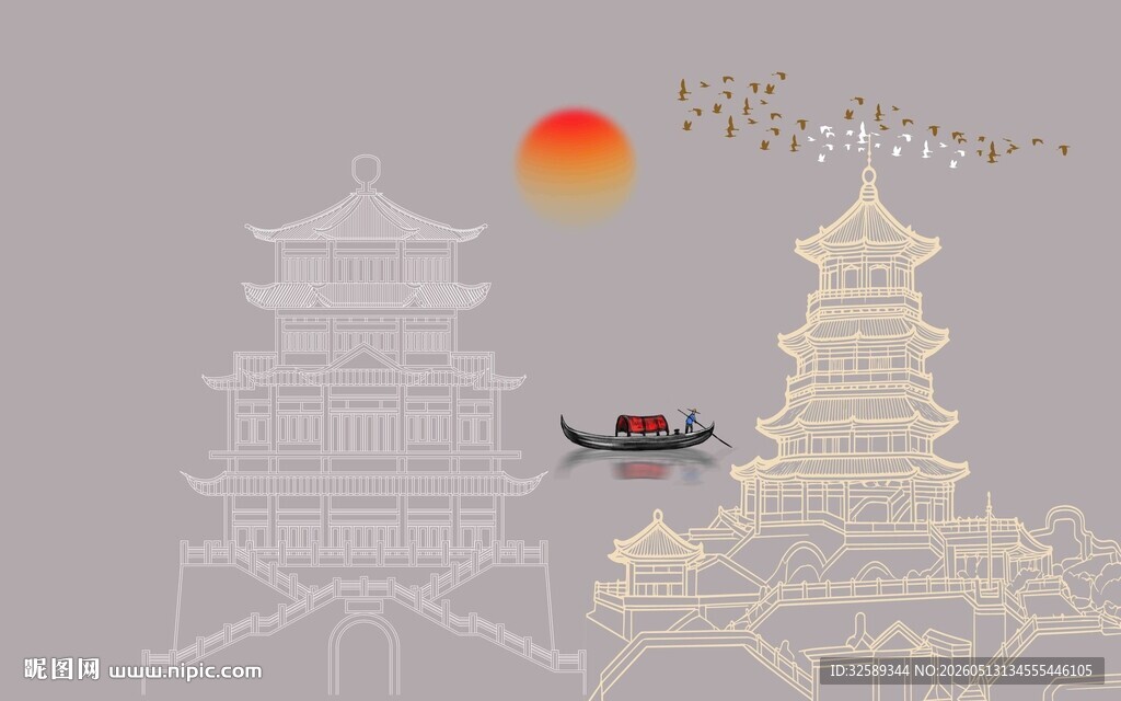 水墨风古建筑与落日景象