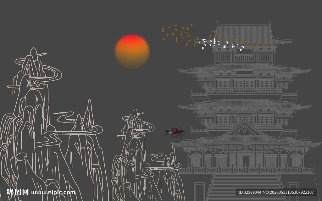 落日下的古风楼阁景观