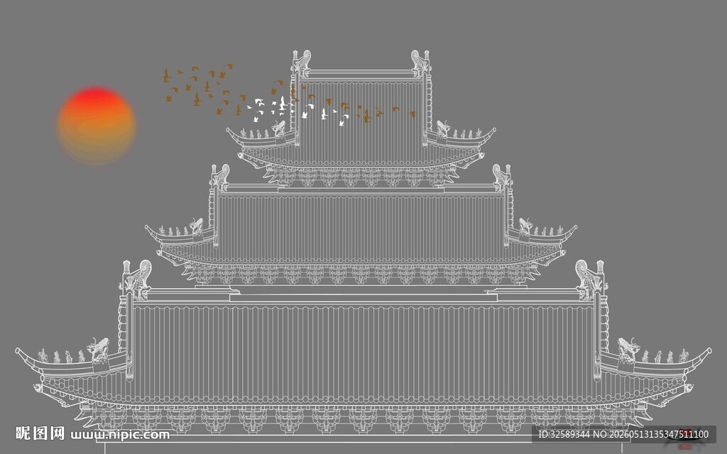 中式古建筑轮廓夕阳景象