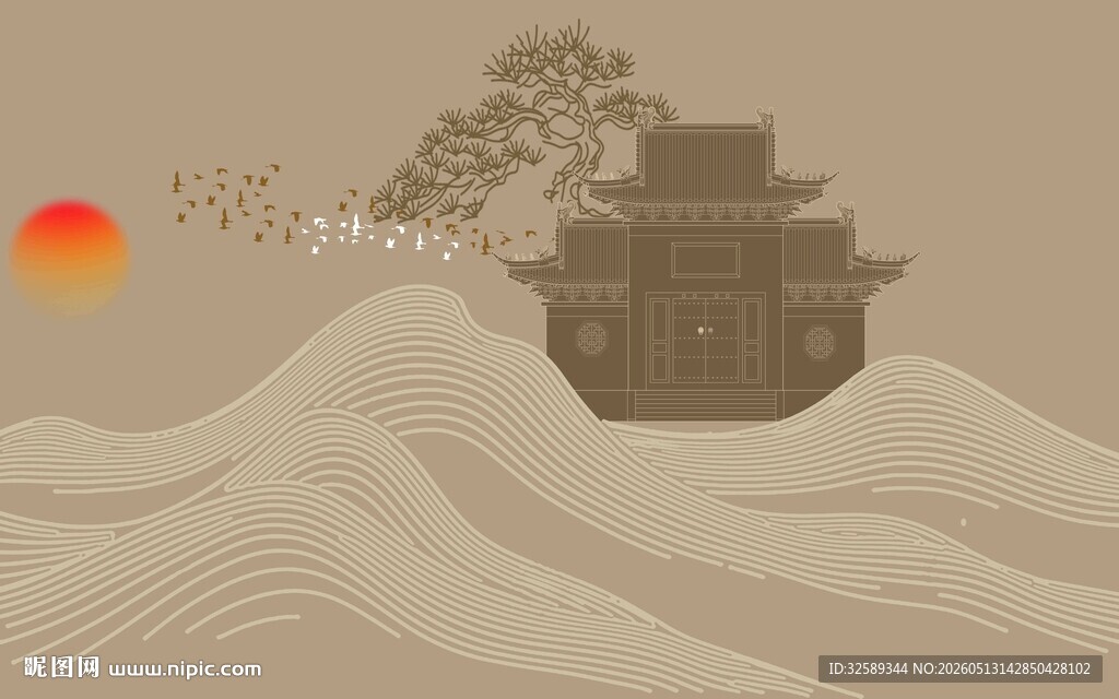 古风山水落日楼阁景象