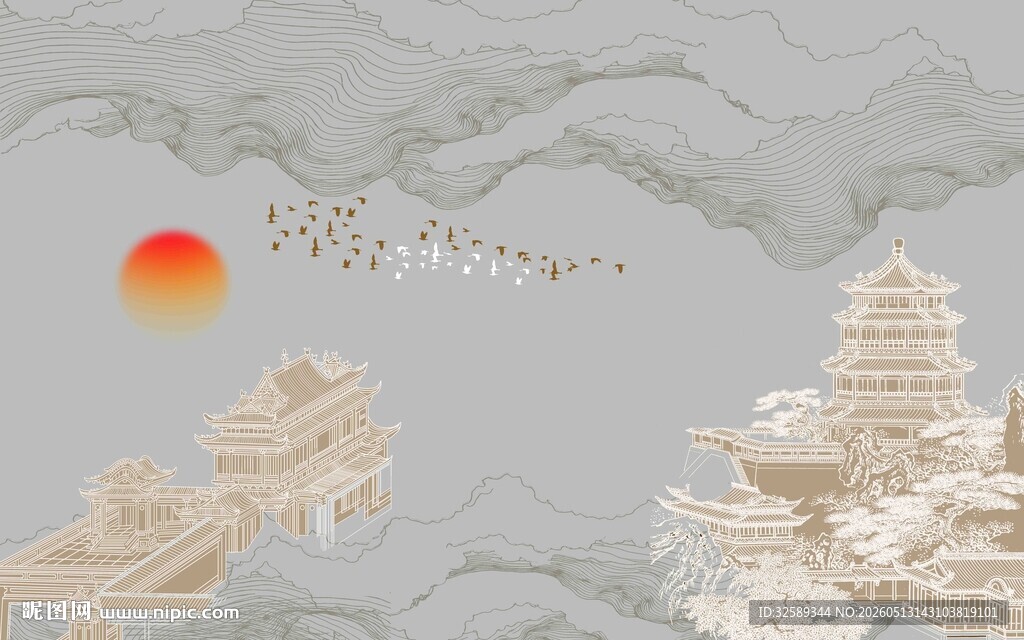 中式山水间的落日飞鸟景