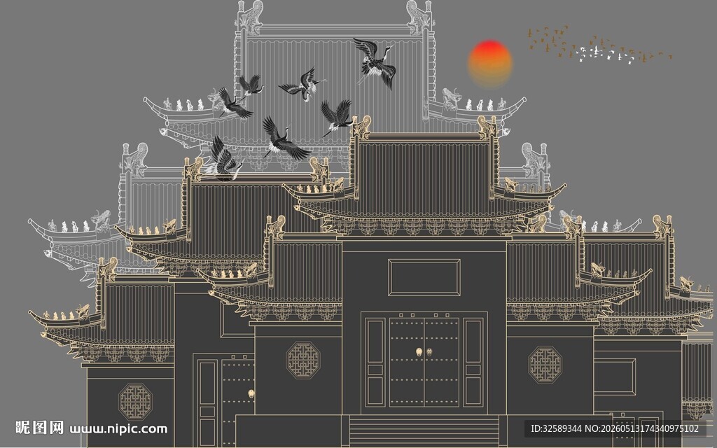 中式古建筑群与飞鸟景观