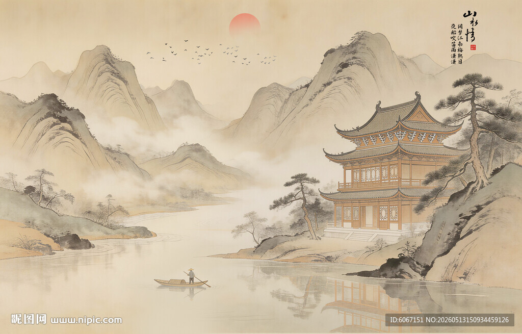 新中式屏风古风水墨山水画背景墙