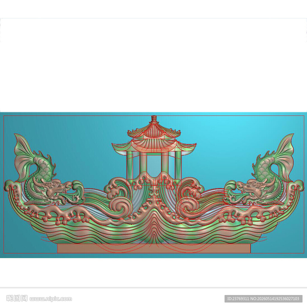 龙鱼墓碑头双龙碑头精雕图灰度图
