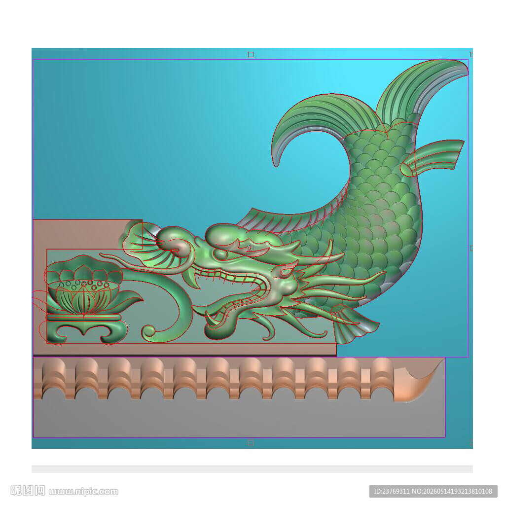 墓碑龙鱼翘角耳朵精雕图灰度浮雕