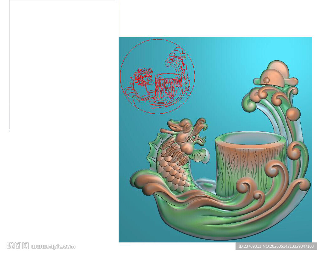 獒龙笔筒jdp精雕图龙头灰度图