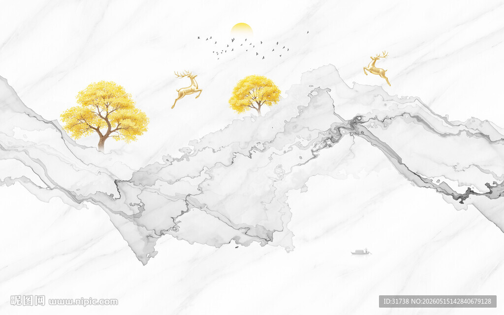 新中式发财树麋鹿水墨山水画