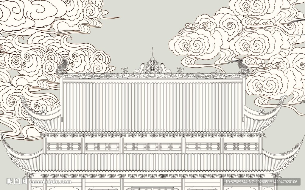 中式古建筑飞檐云雾环绕