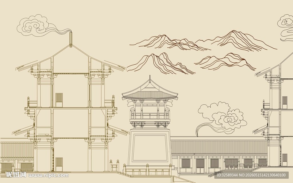 中式古建筑山水线稿图