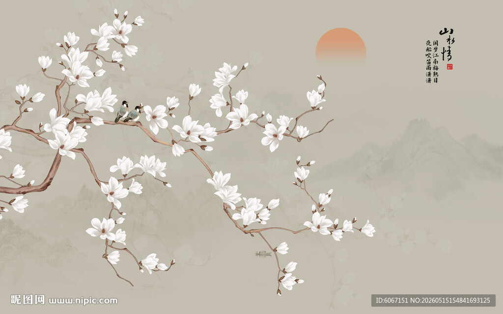 中国风手绘兰花花鸟画背景墙
